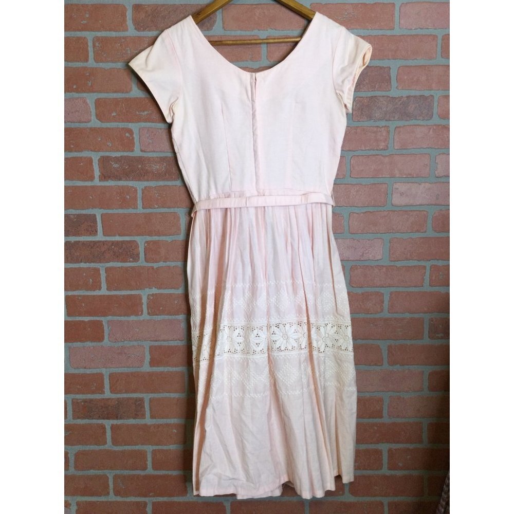 Vintage Womens Dress Floral Lace Detail Short Cap Sleeve Belted Pink - Picture 5 of 5